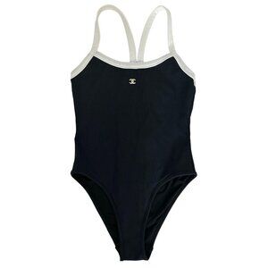 NEW CHANEL 22S Black One Piece Swimsuit Trimmed in Ecru with Jeweled CC